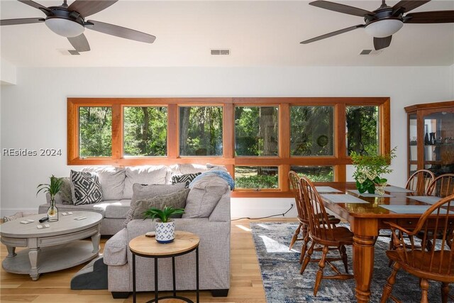 living room featuring ceiling fan, a healthy amount of sunlight, and light hardwood / wood-style floors