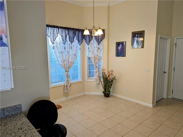 tiled dining space with ornamental molding and an inviting chandelier