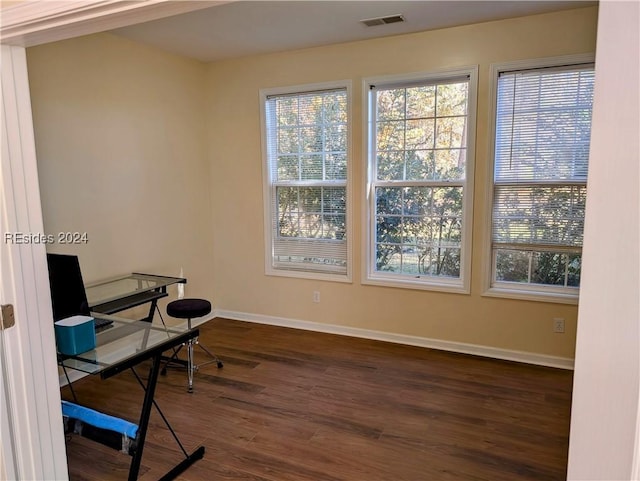 office with dark wood-type flooring and a wealth of natural light