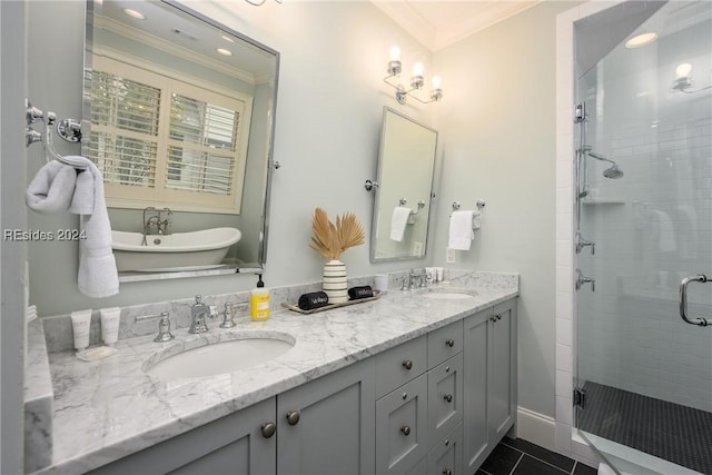 bathroom with crown molding, separate shower and tub, tile patterned floors, and vanity