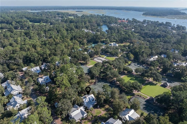 aerial view featuring a water view