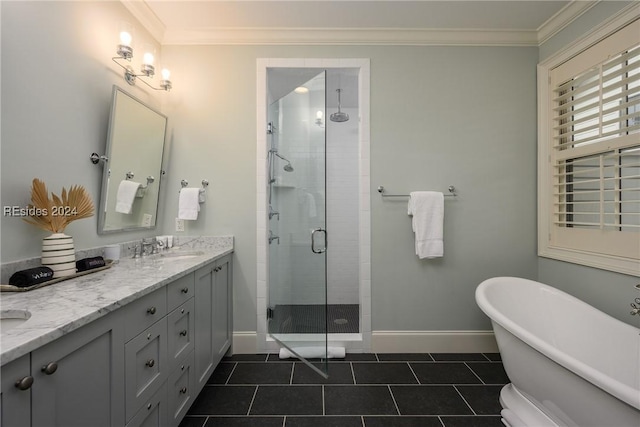 bathroom with crown molding, vanity, plus walk in shower, and tile patterned flooring