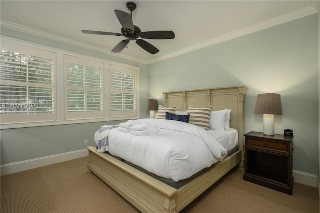 bedroom with crown molding, ceiling fan, and light carpet