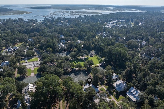 drone / aerial view featuring a water view