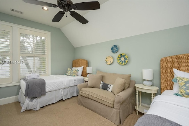 bedroom featuring lofted ceiling, carpet floors, and ceiling fan