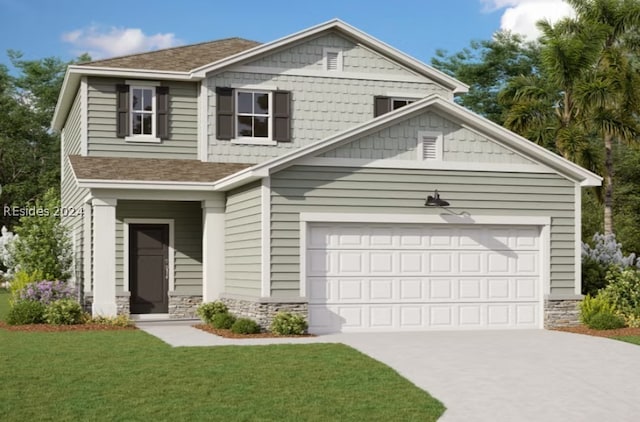 craftsman-style house with a garage and a front lawn