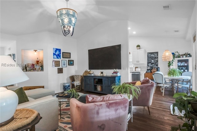 living room with a notable chandelier, vaulted ceiling, and dark hardwood / wood-style floors