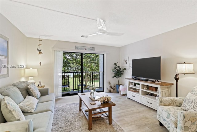 living room featuring ceiling fan, a textured ceiling, and light wood-type flooring