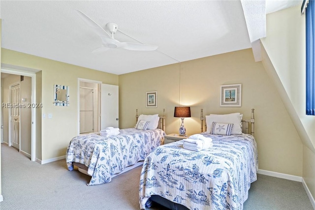 bedroom with ceiling fan and carpet