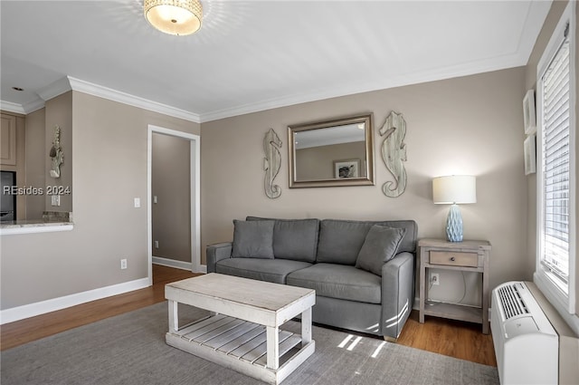 living room with ornamental molding, radiator, and hardwood / wood-style floors