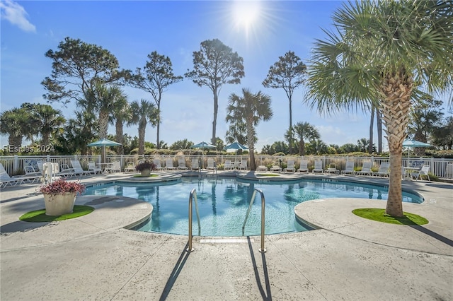 view of swimming pool featuring a patio area