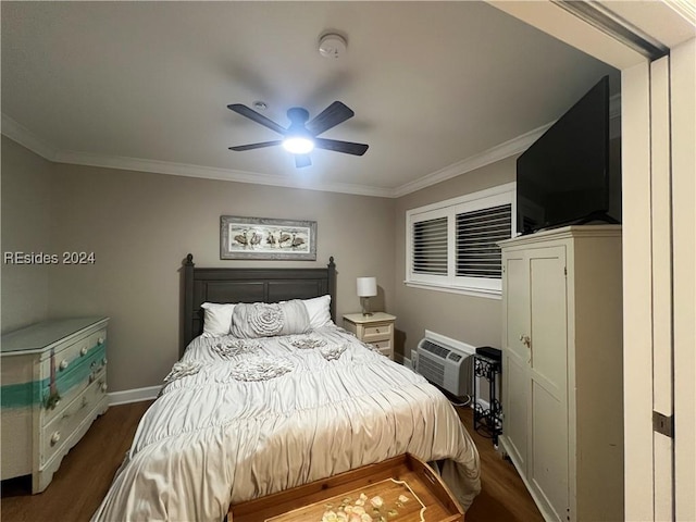 bedroom with dark hardwood / wood-style flooring, an AC wall unit, ornamental molding, and ceiling fan