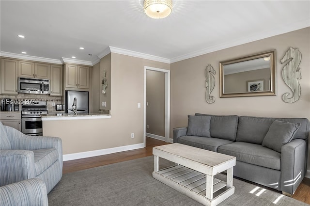 living room featuring ornamental molding, dark wood-type flooring, and sink