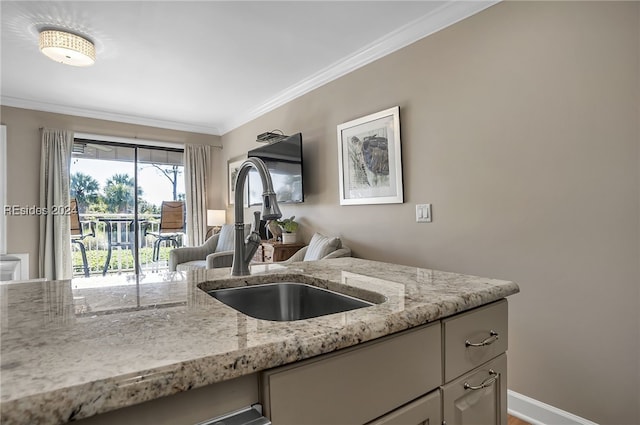 kitchen with sink, ornamental molding, and light stone countertops