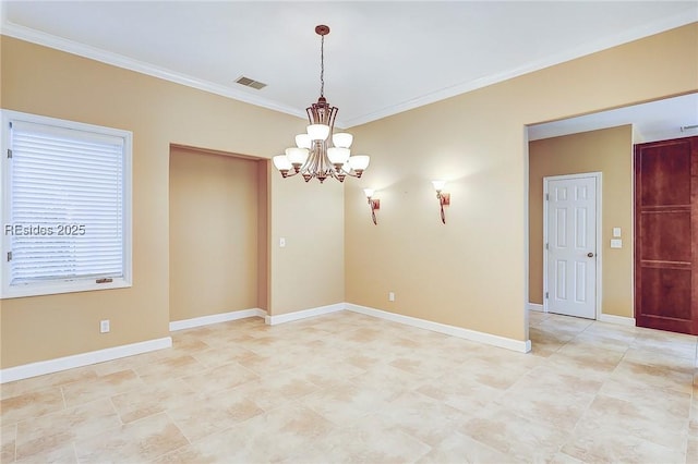 unfurnished room featuring crown molding and a notable chandelier