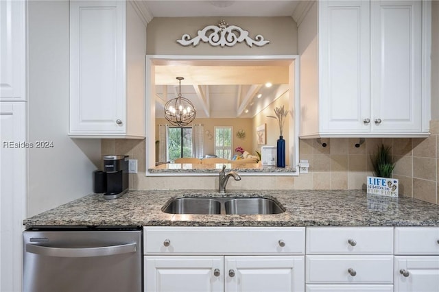 kitchen featuring sink, white cabinetry, light stone countertops, stainless steel dishwasher, and beamed ceiling