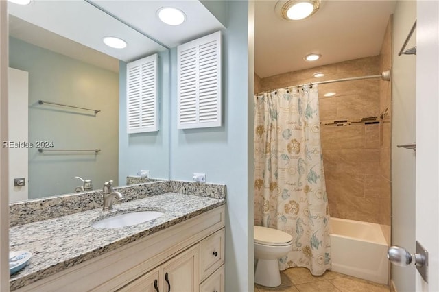 full bathroom with tile patterned flooring, vanity, toilet, and shower / bathtub combination with curtain