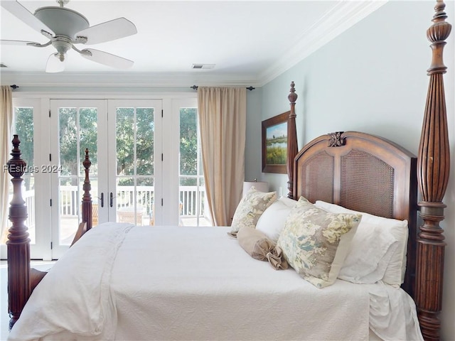 bedroom featuring crown molding, ceiling fan, access to exterior, and french doors