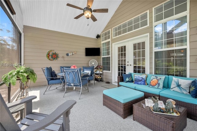 view of patio / terrace with french doors, ceiling fan, and outdoor lounge area