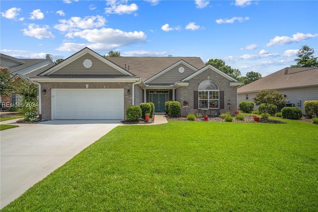 ranch-style house featuring a garage and a front lawn