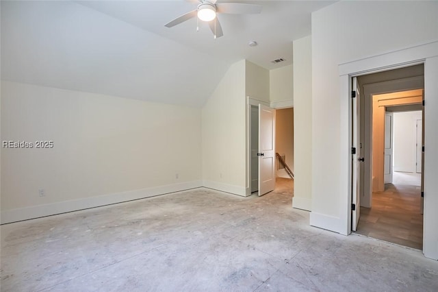 bonus room with ceiling fan and vaulted ceiling