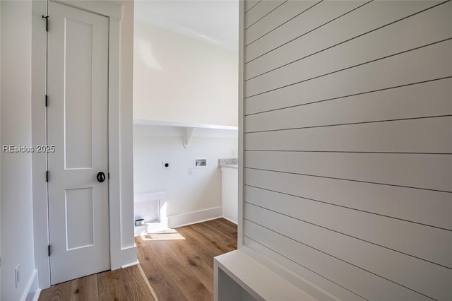 bathroom with hardwood / wood-style floors