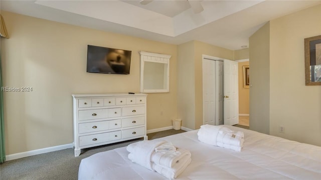 carpeted bedroom featuring ceiling fan, a raised ceiling, and a closet