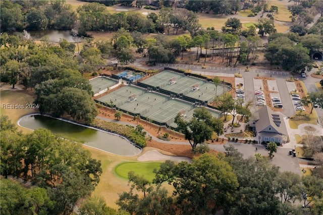 bird's eye view with a water view