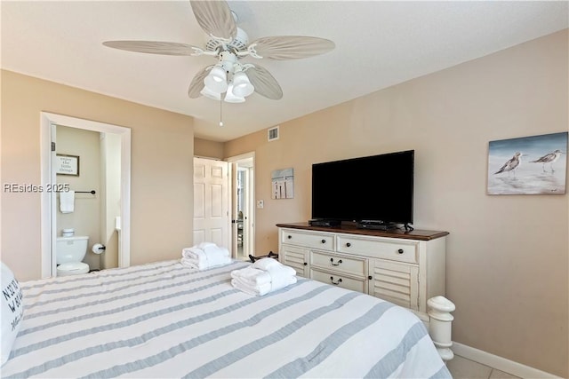 tiled bedroom featuring ceiling fan and ensuite bathroom