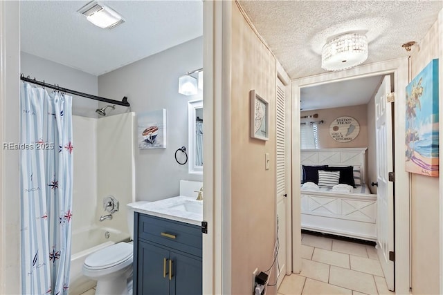 full bathroom with tile patterned flooring, vanity, toilet, shower / bath combo, and a textured ceiling