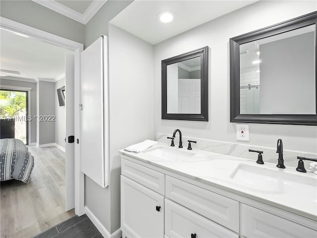 bathroom with vanity, crown molding, and wood-type flooring