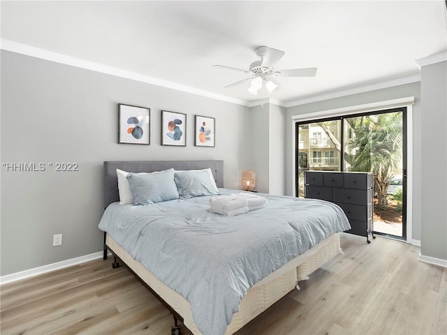 bedroom featuring crown molding, ceiling fan, access to exterior, and light hardwood / wood-style floors