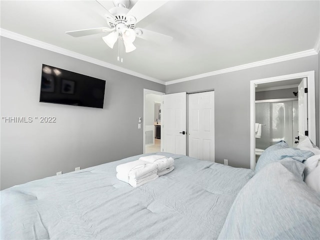 bedroom featuring connected bathroom, crown molding, and ceiling fan