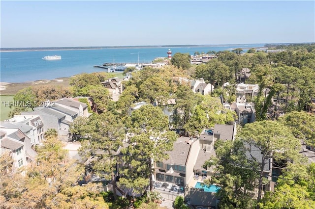 drone / aerial view featuring a water view