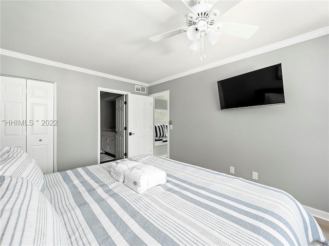 bedroom with ornamental molding, a closet, ceiling fan, and ensuite bathroom