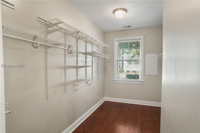 spacious closet with dark hardwood / wood-style floors