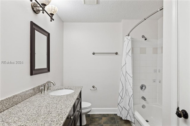 full bathroom featuring vanity, a textured ceiling, toilet, and shower / bath combo with shower curtain