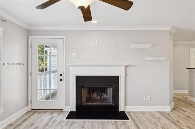 details featuring crown molding, ceiling fan, and wood-type flooring