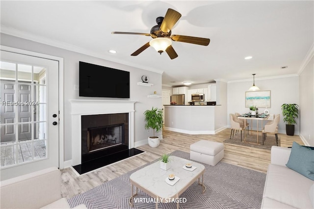 living room with crown molding, ceiling fan, and light wood-type flooring