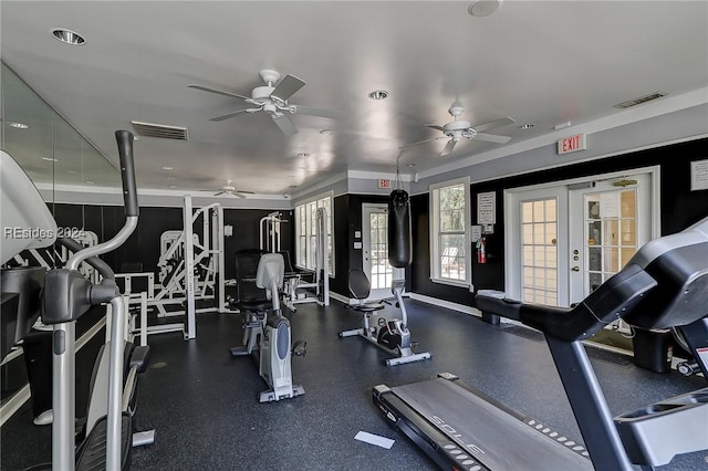 workout area with french doors and ceiling fan