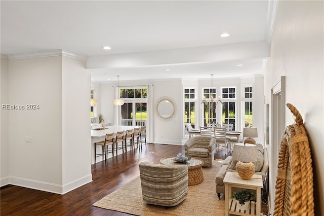 living room with dark wood-type flooring and ornamental molding