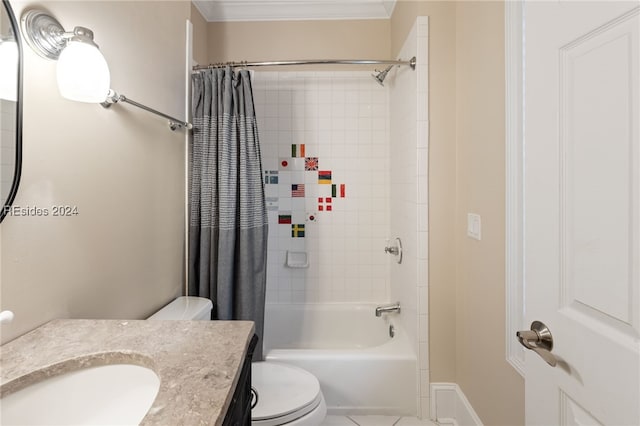 full bathroom with crown molding, vanity, toilet, and shower / tub combo