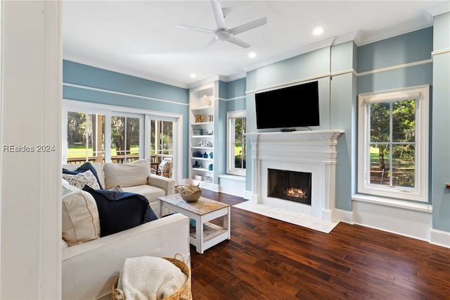 living room with wood-type flooring, a wealth of natural light, a fireplace, and built in shelves