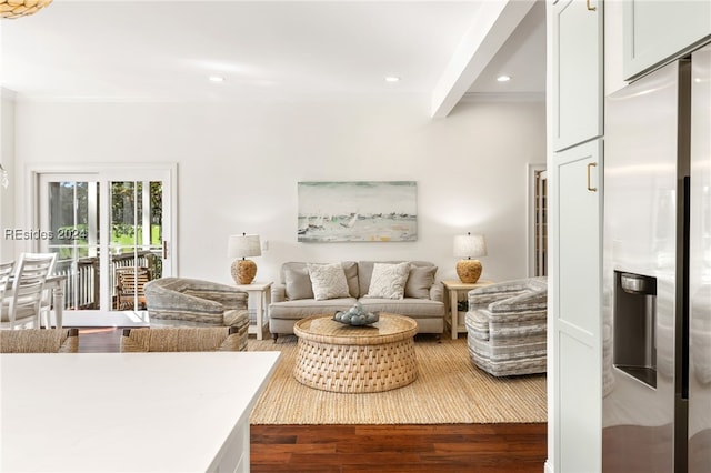 living room with dark wood-type flooring and beam ceiling