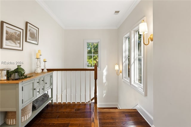 hallway featuring dark wood-type flooring and ornamental molding