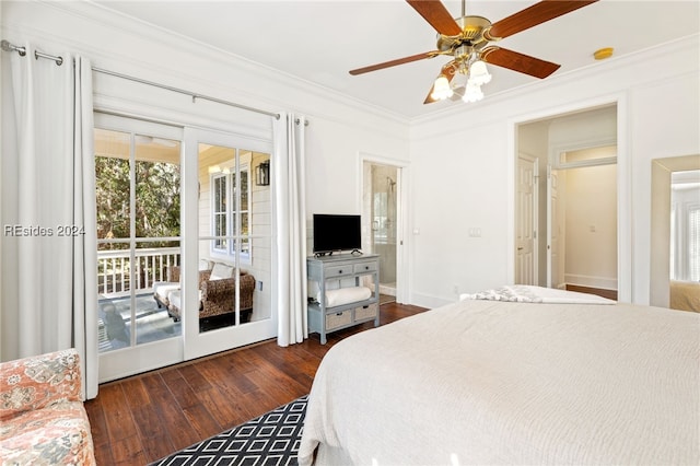 bedroom with access to outside, ornamental molding, dark hardwood / wood-style floors, and ceiling fan