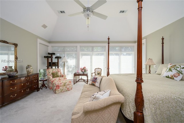 carpeted bedroom with lofted ceiling and ceiling fan