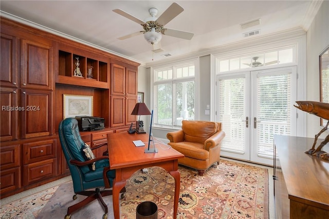 office area featuring ornamental molding, french doors, and ceiling fan