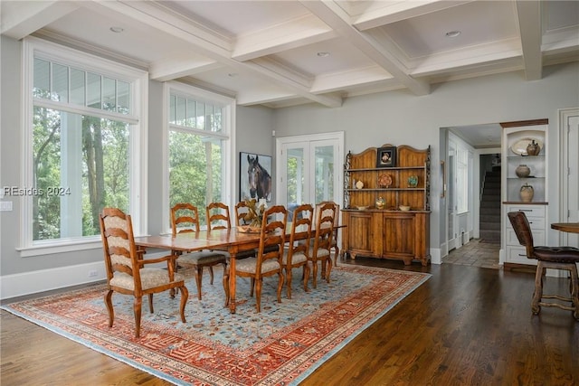 dining room with beamed ceiling, coffered ceiling, and dark hardwood / wood-style flooring