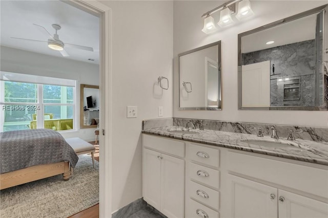 50 Gleneagle Ct, Bluffton, SC 29909 - bathroom featuring walk in shower, ceiling fan, vanity, and hardwood / wood-style flooring
